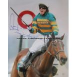Signed photographic print of the jockey A.P. McCoy, signed in blue marker pen, McCoy depicted at the