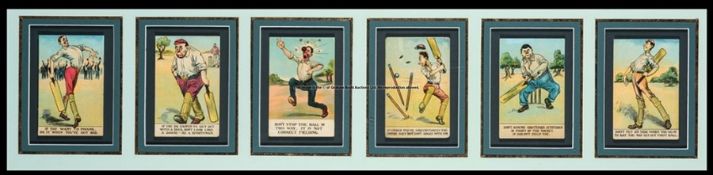 Framed display of a set of six humorous cricket postcards by Tom Browne, Edwardian