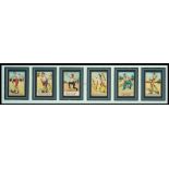 Framed display of a set of six humorous cricket postcards by Tom Browne, Edwardian