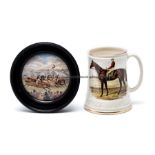 Two pottery racing collectables, pot lid portraying a Derby scene with race action, tents and