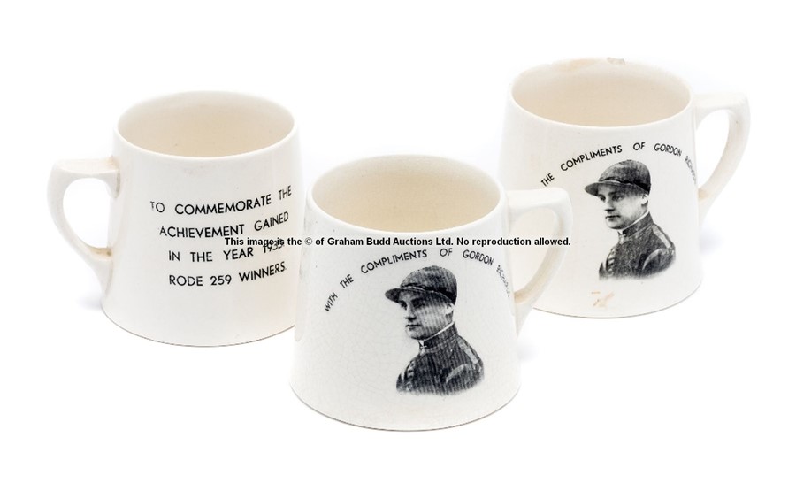 Trio of pottery drinking mugs commemorating jockey Gordon Richards, each with portrait of Richards