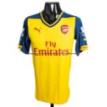Mathieu Debuchy Arsenal FC No.2 yellow away jersey, season 2014-15, short sleeved with BARCLAYS