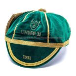 F.A.I Republic of Ireland Under-21 cap 1991 awarded to Jeff Kenna, green velvet with gold braid