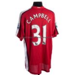 Sol Campbell signed Arsenal FC red and white No.31 home jersey season 2009-10, signed in black