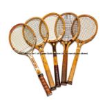 Five wooden tennis racquets, comprising two Wright and Ditson Longwood Les Stoefen open throat