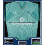 Kerry Dixon signed match-worn jade Chelsea FC away jersey season 1987-88, mounted with two colour