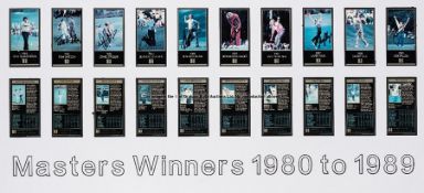 Photographic presentation bearing autographs of the nine Masters-winning golfers of the 1980s,
