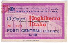 Match ticket for the 1939 Italy v England friendly international at San Siro, 13th May and two