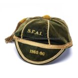 S.F.A.I Republic of Ireland Schoolboys cap 1985-86 awarded to Jeff Kenna, moss green velvet with