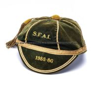 S.F.A.I Republic of Ireland Schoolboys cap 1985-86 awarded to Jeff Kenna, moss green velvet with