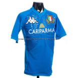 Edoardo Gori Italy FIR rugby blue No.9 home jersey for a 2011 test match, short sleeved with Italy