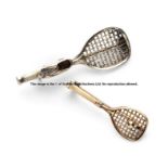 Two Tennis Racquet Brooches, comprising a small 9ct gold tennis racquet and ball brooch,