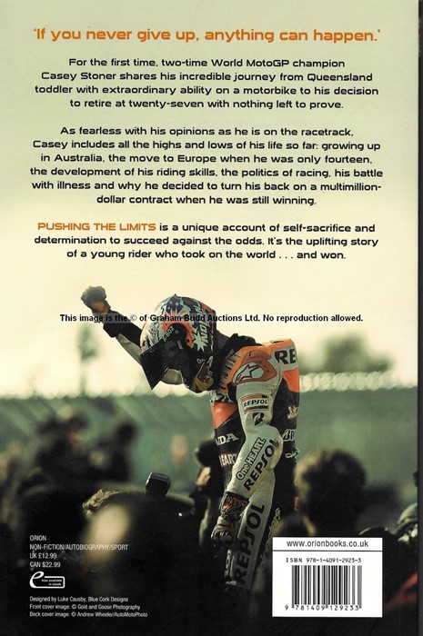 Casey Stoner signed MotoGP memorabilia, comprising signed book and 8 by 12in. action photograph of - Image 3 of 4