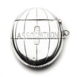 Silver-plated Association Football vesta case, oval ribbed form, inscribed ASSOCIATION on both