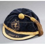 Bert McCann of Motherwell's Scottish cap, season 1960-61, blue velvet cap with gilt braiding and
