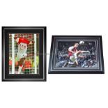Two signed photographs of Arsenal legends Ian Wright and Dennis Bergkamp, featuring Wright