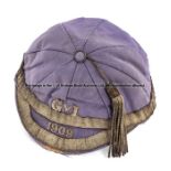 A 1909 purple Glasgow Junior League v Irish Junior League representative football cap, the purple