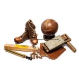 Vintage football equipment, comprising a pair of unused leather football boots, size 6, with leather