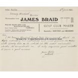 James Braid handwritten letter to the editor of the Evening Standard, dated 3rd July 1926, in ink on