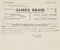 James Braid handwritten letter to the editor of the Evening Standard, dated 3rd July 1926, in ink on