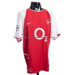 Dennis Bergkamp Arsenal FC red home No.10 jersey circa 2003, short sleeved UEFA Star Ball badge on