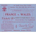 Match ticket for Five Nations Rugby Union Championship, Wales v France, Cardiff Arms Park, 23rd