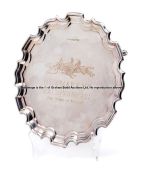 Presentation to Lester Piggott from Newmarket Racecourses, silver card tray, hallmarked Carr's of