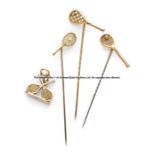 Three Victorian 9ct gold tennis racquet tie-pins, circa 1890-1900, sold together with a 9ct gold