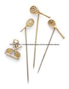 Three Victorian 9ct gold tennis racquet tie-pins, circa 1890-1900, sold together with a 9ct gold