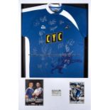 Three multi-signed Millwall FC jerseys, comprising a framed and mounted 2009/10 blue home jersey,
