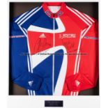Sir Chris Hoy and Jamie Butt double-signed Great Britain cycling team tracksuit top, mounted with