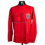 Rare 40th anniversary 1966 FIFA World Cup winners red jersey, signed by goal scorers Hurst & Peters,