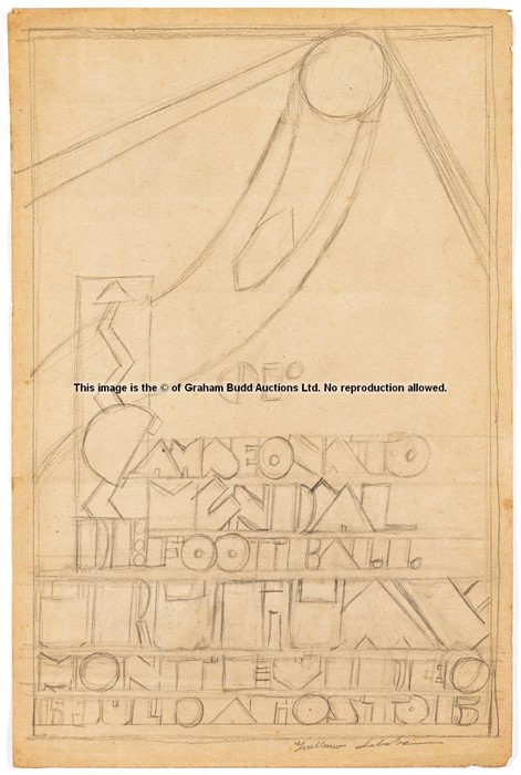 Original pencil sketch by Guillermo Laborde for the Official FIFA 1930 World Cup poster, formerly in