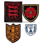 Four embroidered football blazer badges, comprising the Red Rose of Lancashire, FA Three Lions,