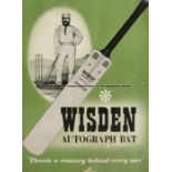 Advertisement poster for Wisden 'Autograph' cricket bats, featuring a portrait of John Wisden, a