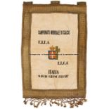 Official 1934 World Cup banner, white linen with tapestry work borders, fringing beneath, printed