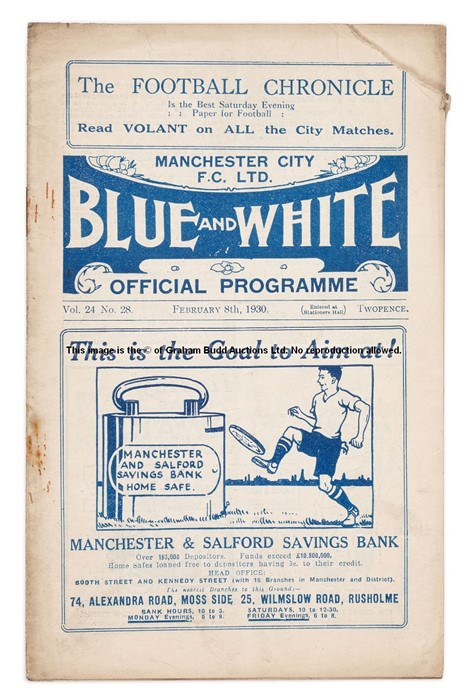 Manchester City v Manchester United programme 8th February 1930, paper loss to top righ-hand corner,