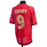 Wayne Rooney signed England 2006-07 red replica away jersey, short sleeved with England badge, Umbro