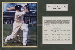 Sir Don Bradman signed colour photograph display, the image portraying a front foot drive in the