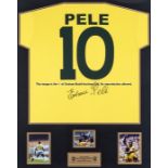 Pele signed Brazil shirt framed presentation, comprising a Brazil-style yellow jersey reverse