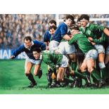 Framed canvas oleograph of a 1980s Ireland v Scotland rugby union match, featuring Michael Bradley