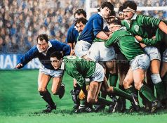 Framed canvas oleograph of a 1980s Ireland v Scotland rugby union match, featuring Michael Bradley