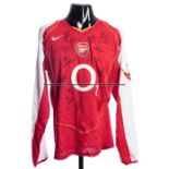 Robert Pires team-signed Arsenal FC red and white No.7 home jersey, season 2004-05, 15 signatures in