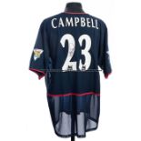 A signed Sol Campbell Arsenal FC blue No.23 away jersey season 2002-3, short sleeved with Arsenal