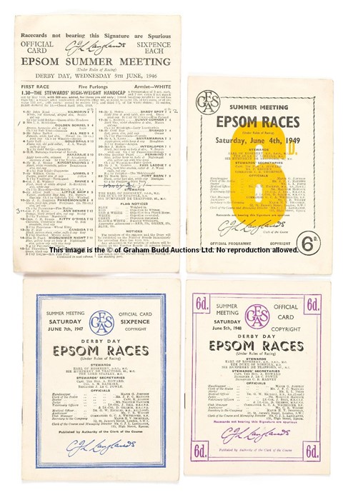 Four 1940s Epsom Derby Day racecards, comprising 1946 (Airborne), 1947 (Pearl Diver), 1948 (My Love)