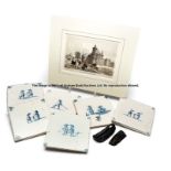 Six 17th century blue and white Delft tiles depicting the game of kolf, of square form with