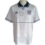 Paul Gascoigne signed white England No. 19 Italia ’90 replica jersey, signed to front in black