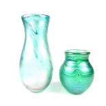 Two small iridescent green glass vases by John Ditchfield.