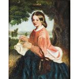 Good quality unsigned painting of a Young Woman Seated at Work Basket.