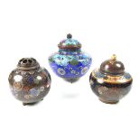 Three Japanese cloisonné pots and covers, Meiji period.